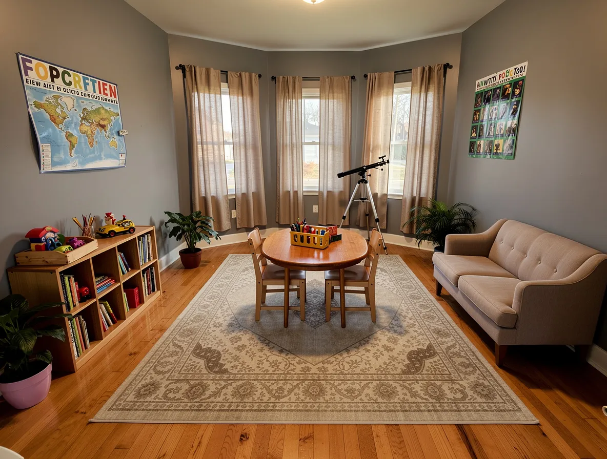 Traditional playroom with neutral gray walls, wooden floor, beige patterned rug, small wooden table with chairs, telescope, bookshelf, plants, and a beige sofa.