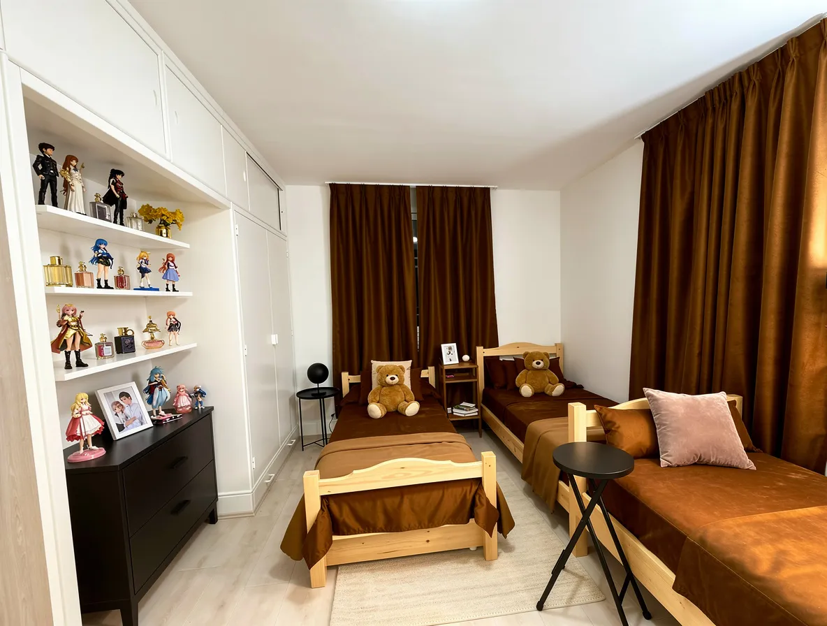 Kids Bedroom with minimalist style, featuring three wooden beds with brown bedding, stuffed teddy bears, dark curtains, black dresser, and anime figurines on white shelves.