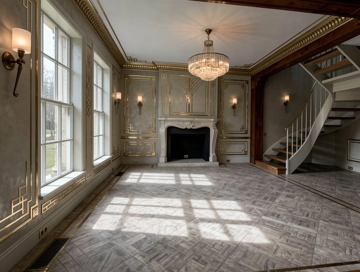 Empty living room with classic European design, featuring ornate gold-trimmed gray walls, large windows, marble fireplace, crystal chandelier, and spiral staircase.