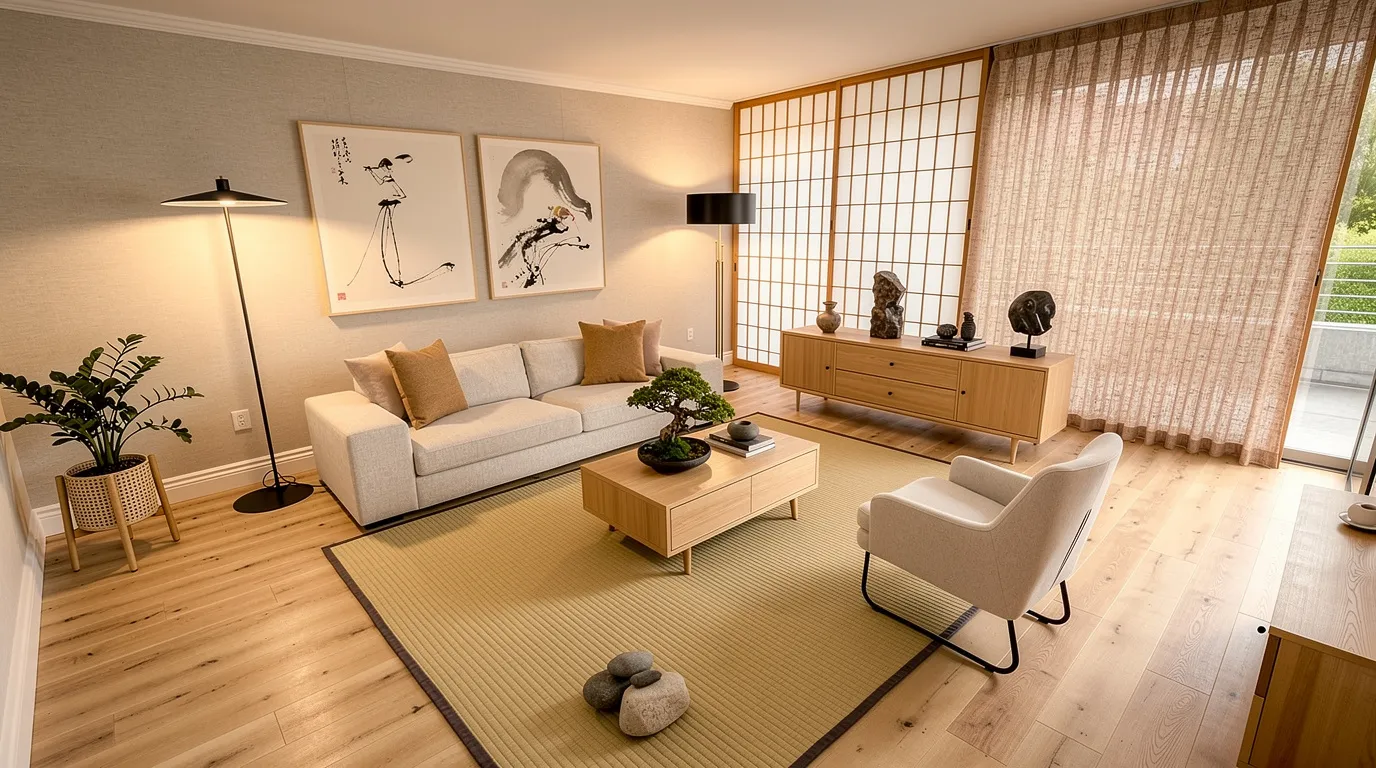 Minimalist Japanese-inspired living room with light wood flooring, neutral beige sofa, wooden furniture, bonsai centerpiece, shoji screens, and soft warm lighting.