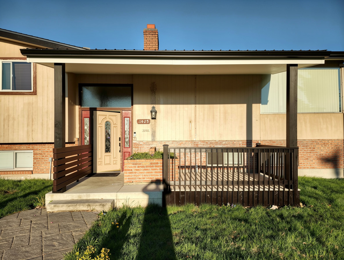 Exterior view of a mid-century suburban house with beige siding, red brick accents, covered porch with dark wood railing, cream front door, and green lawn under clear blue sky.