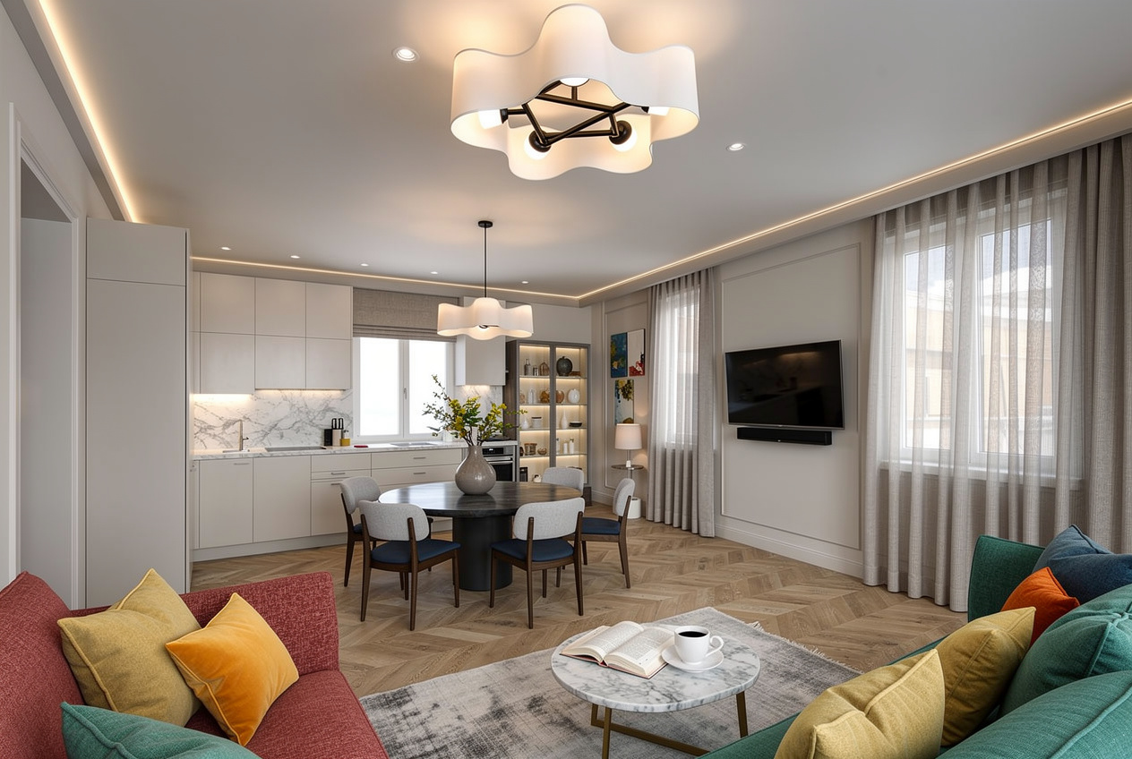 Living room with open kitchen in modern minimalist design, featuring neutral white kitchen cabinets, colorful sofas, round dining table, wood herringbone floor, and soft natural lighting.
