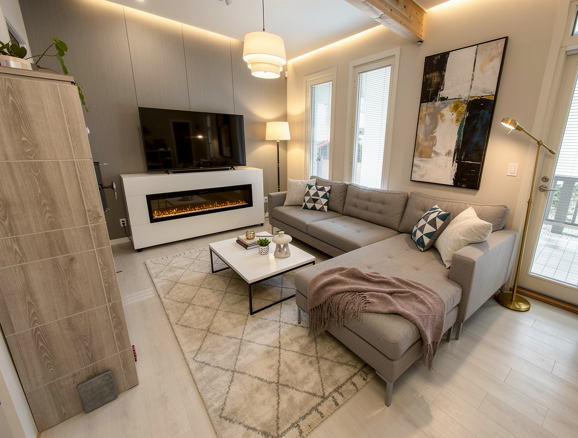 Minimalistic living room with neutral gray sectional sofa, geometric pillows, white coffee table, electric fireplace, abstract wall art, beige rug, and soft warm lighting.