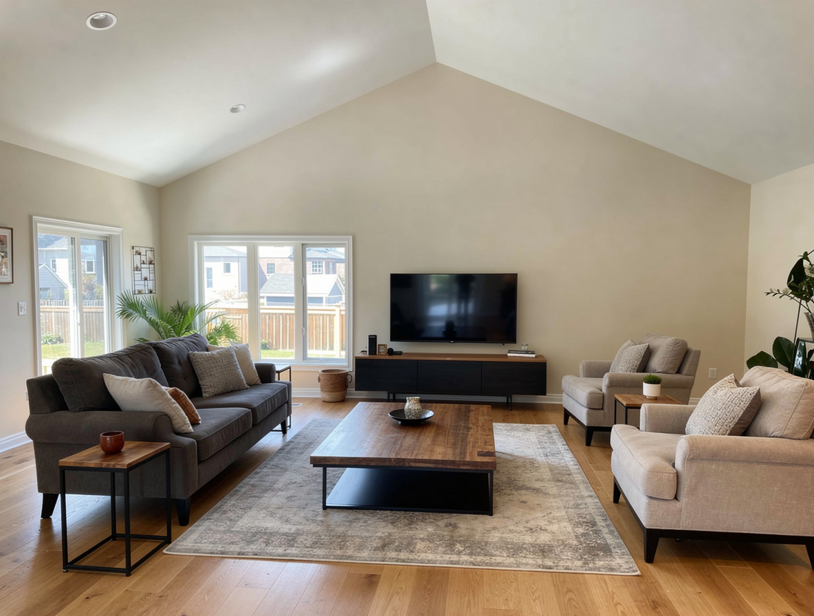 Spacious modern living room with vaulted ceiling, neutral beige walls, gray and beige sofas, wooden coffee table, large windows, and natural light.