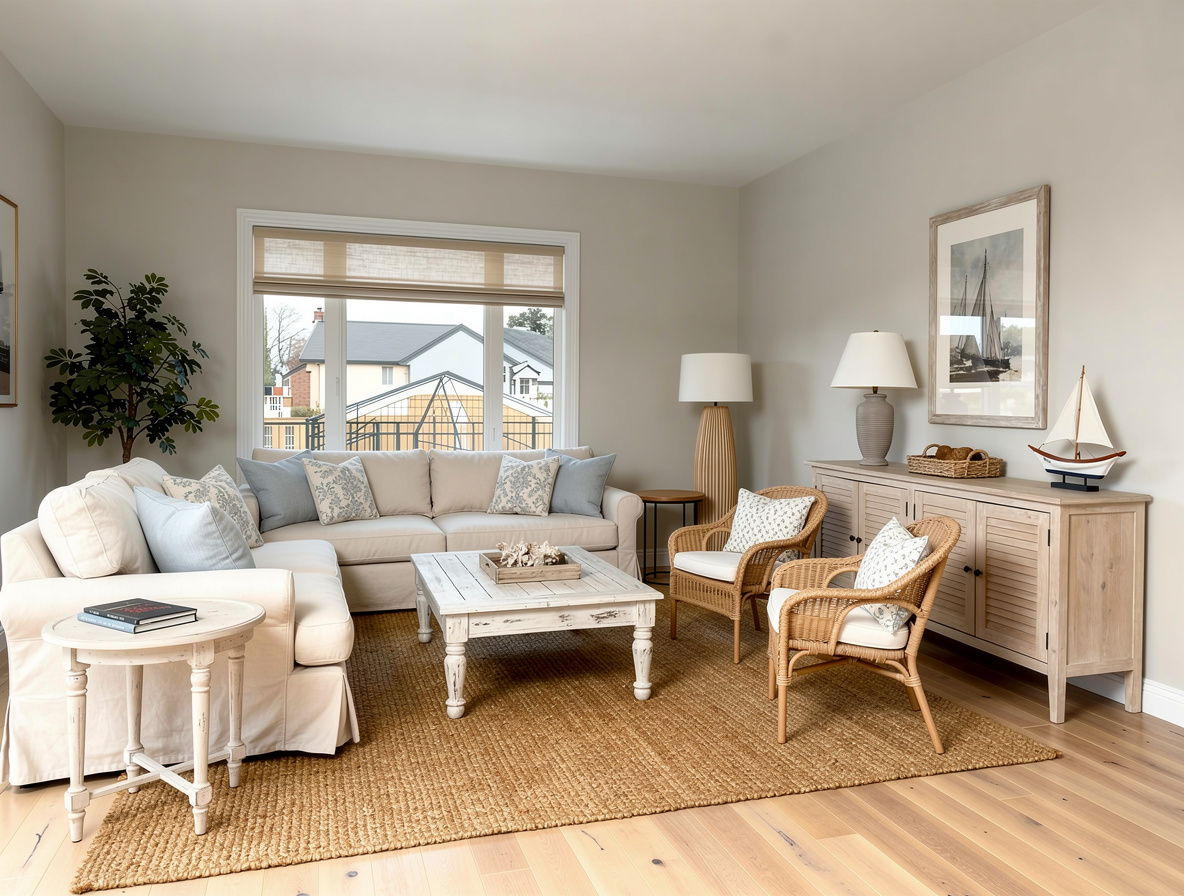 Bright coastal-style living room with beige walls, white slipcovered sectional, wicker chairs, distressed wood coffee table, natural fiber rug, and nautical decor.