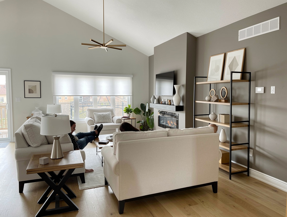 A living room with modern transitional style, featuring beige sofas, wooden floors, gray walls, fireplace, open shelving, and natural light creating a cozy atmosphere.