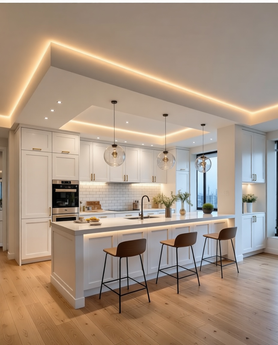 A modern kitchen with white cabinetry, subway tile backsplash, and wooden floors. Features a large island with brown stools, pendant lights, and warm recessed ceiling lighting.