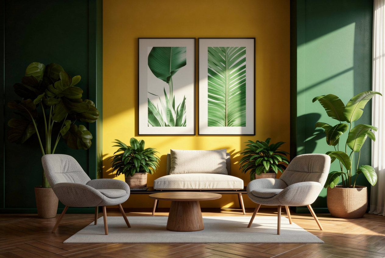 A living room with mid-century modern style, featuring beige upholstered chairs, wooden coffee table, vibrant yellow and green walls, large leafy plants, and botanical artwork