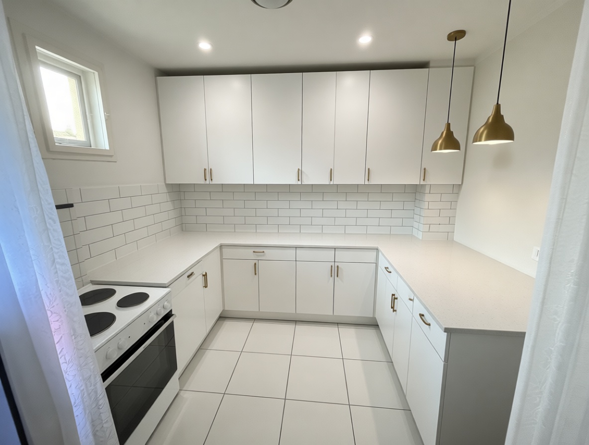 A bright small U-shaped kitchen with white cabinetry, subway tile backsplash, quartz countertops, brass handles, gold pendant lights, and large floor tiles creating a clean, airy atmosphere.