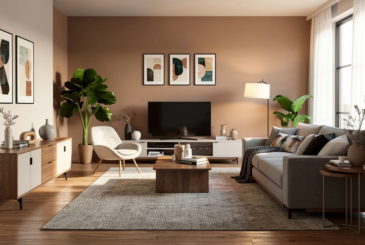 A Contemporary living room with warm beige walls, gray sofa, white armchair, wooden coffee table, abstract wall art, large plants, and soft natural lighting