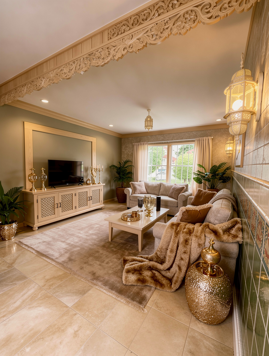 Traditional living room with beige and gold tones, featuring plush sofas, a wooden TV console, ornate lighting, decorative plants, and a soft area rug.