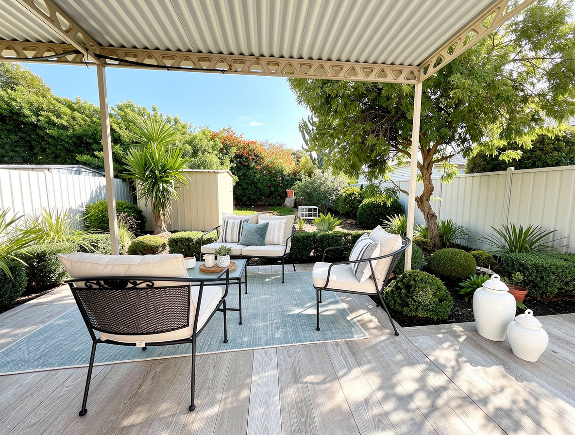 An outdoor patio seating area with metal frame chairs and white cushions, light blue rug, lush green plants, and a white corrugated roof, bright and inviting.