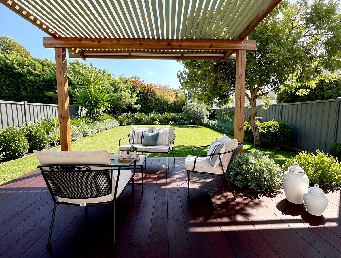 A contemporary outdoor patio with dark wood decking, metal frame seating with white cushions, wooden pergola, lush green lawn, and vibrant garden under bright sunlight.