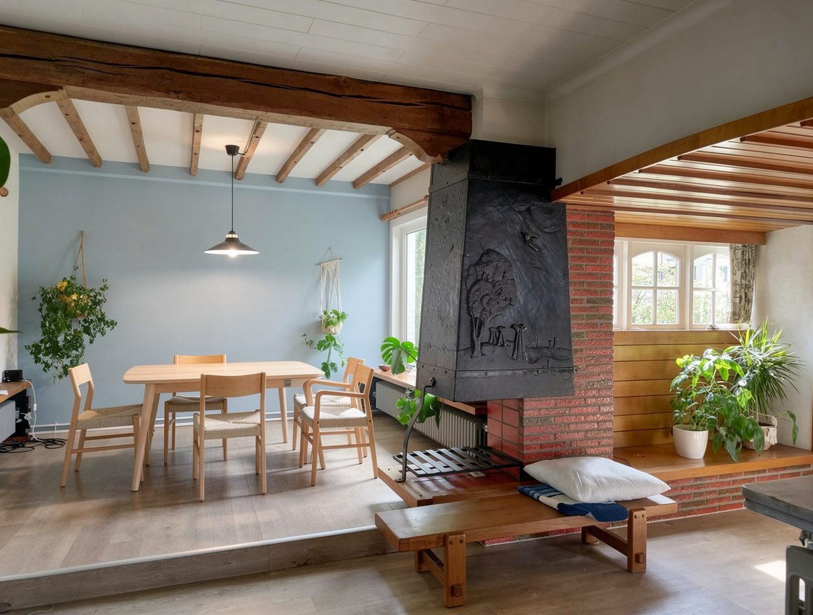 Dining room with rustic exposed wooden beams, light blue walls, natural wood furniture, hanging plants, and a central black metal fireplace.