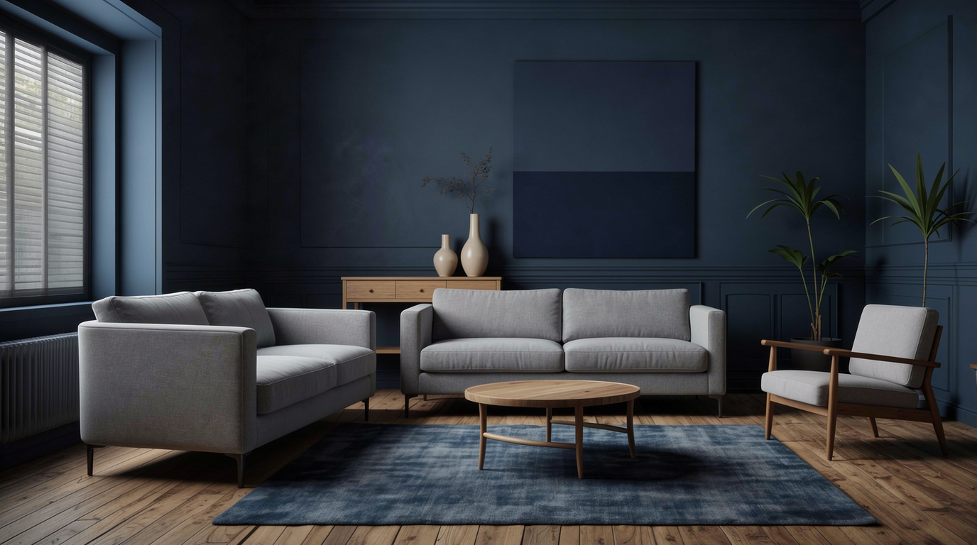 Living room with modern minimalist style, featuring navy blue walls, light gray sofas, wooden coffee table, blue rug, and natural light from large window.