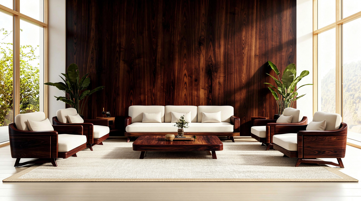 Living room with mid-century modern style featuring rich dark wood paneling, cream upholstered seating, large windows, green plants, and a neutral textured rug.