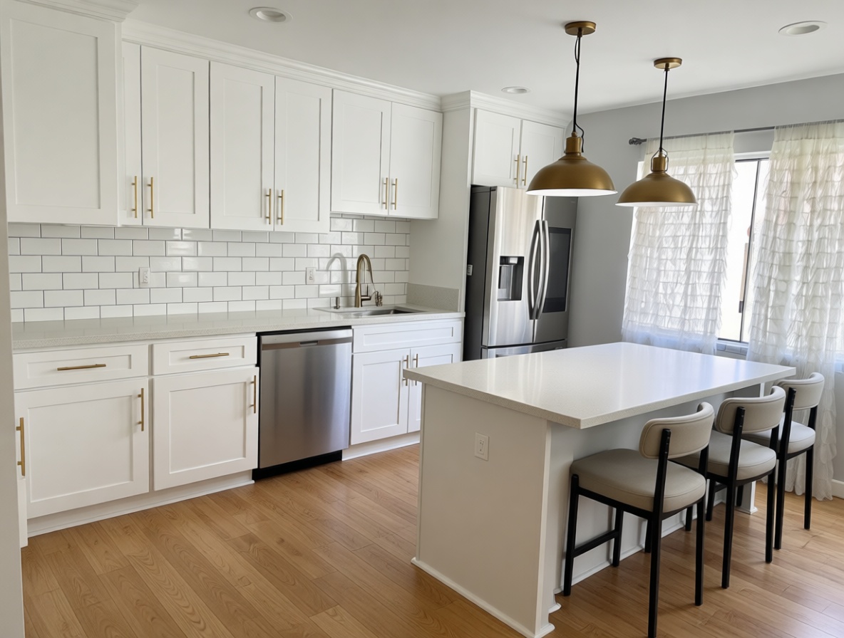 Modern kitchen with white shaker cabinets, subway tile backsplash, stainless steel appliances, light wood flooring, large white island with three cushioned stools, and brass pendant lights, creating a bright, clean, and inviting atmosphere.