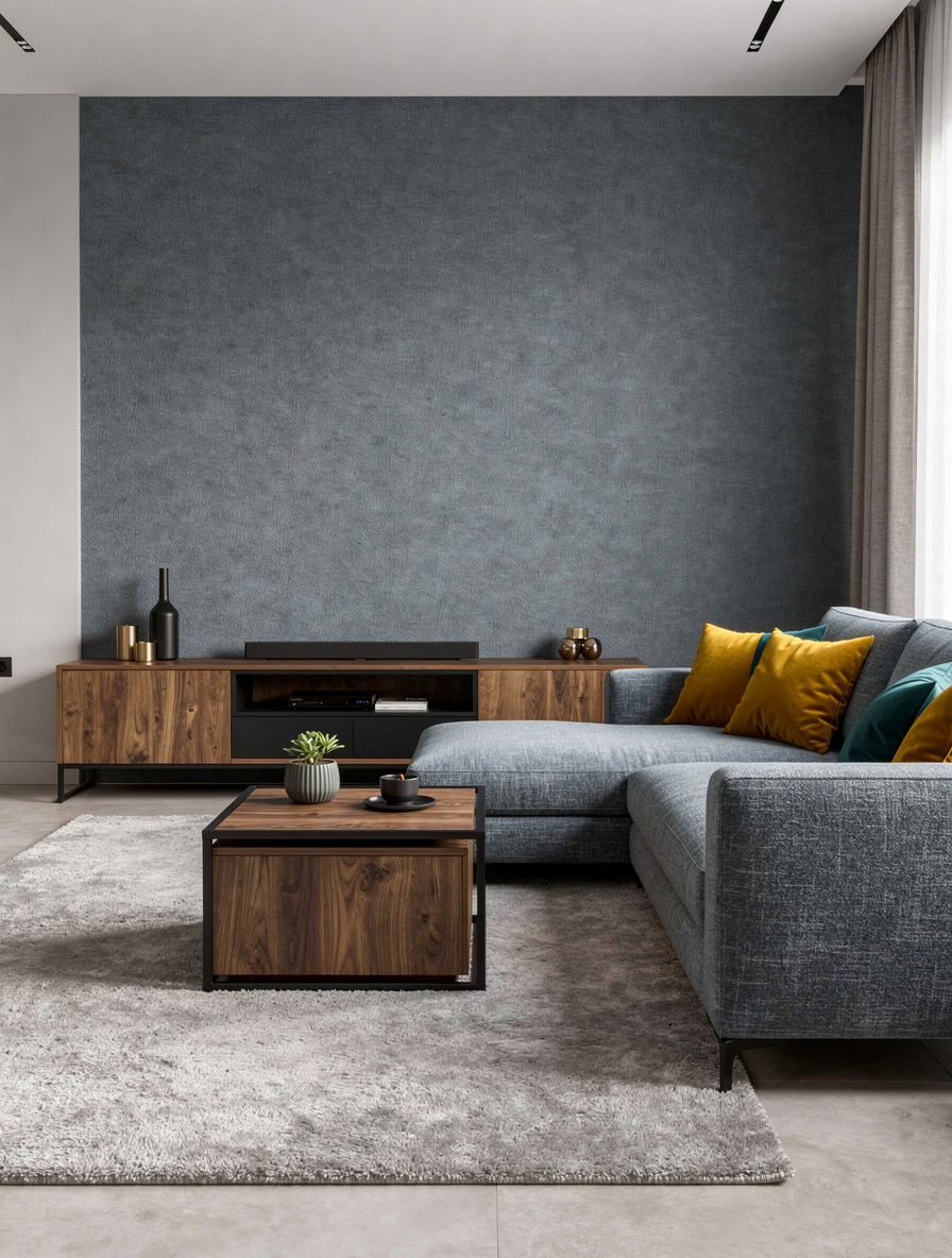 A Modern living room with a gray textured accent wall, large gray sectional sofa with mustard and teal pillows, wooden media console, and matching coffee table on a plush light gray rug.