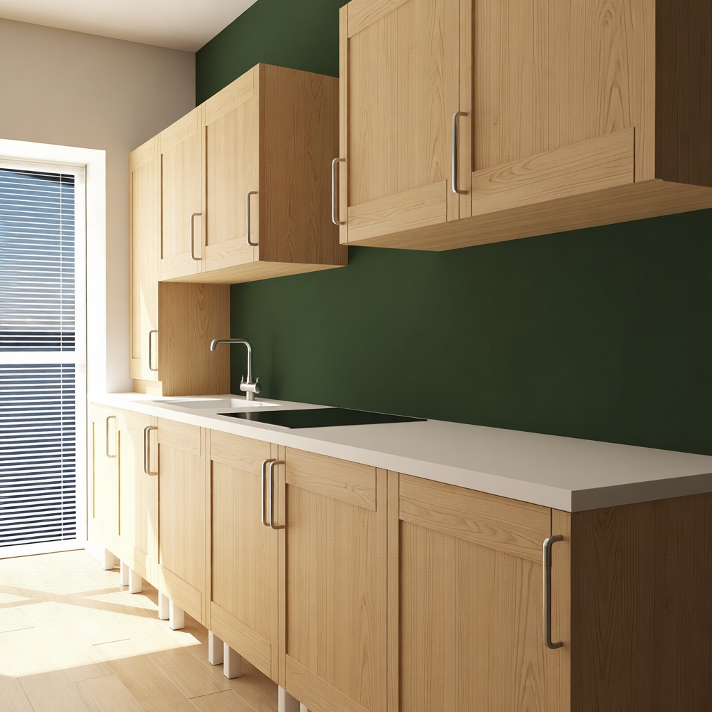 Kitchen interior with natural wood cabinets, white countertop, green accent wall, modern stainless steel handles, and bright natural light creating a warm atmosphere.