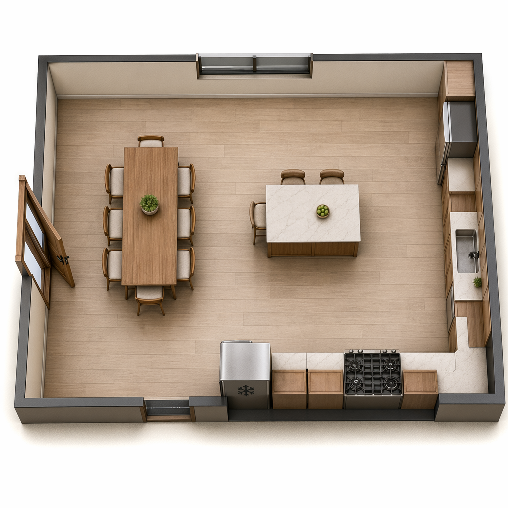 A 3D top-down kitchen floor plan showing a rectangular room with a dining table, central island with seating, perimeter cabinets, sink, stove, refrigerator, wood flooring, windows, and double doors.