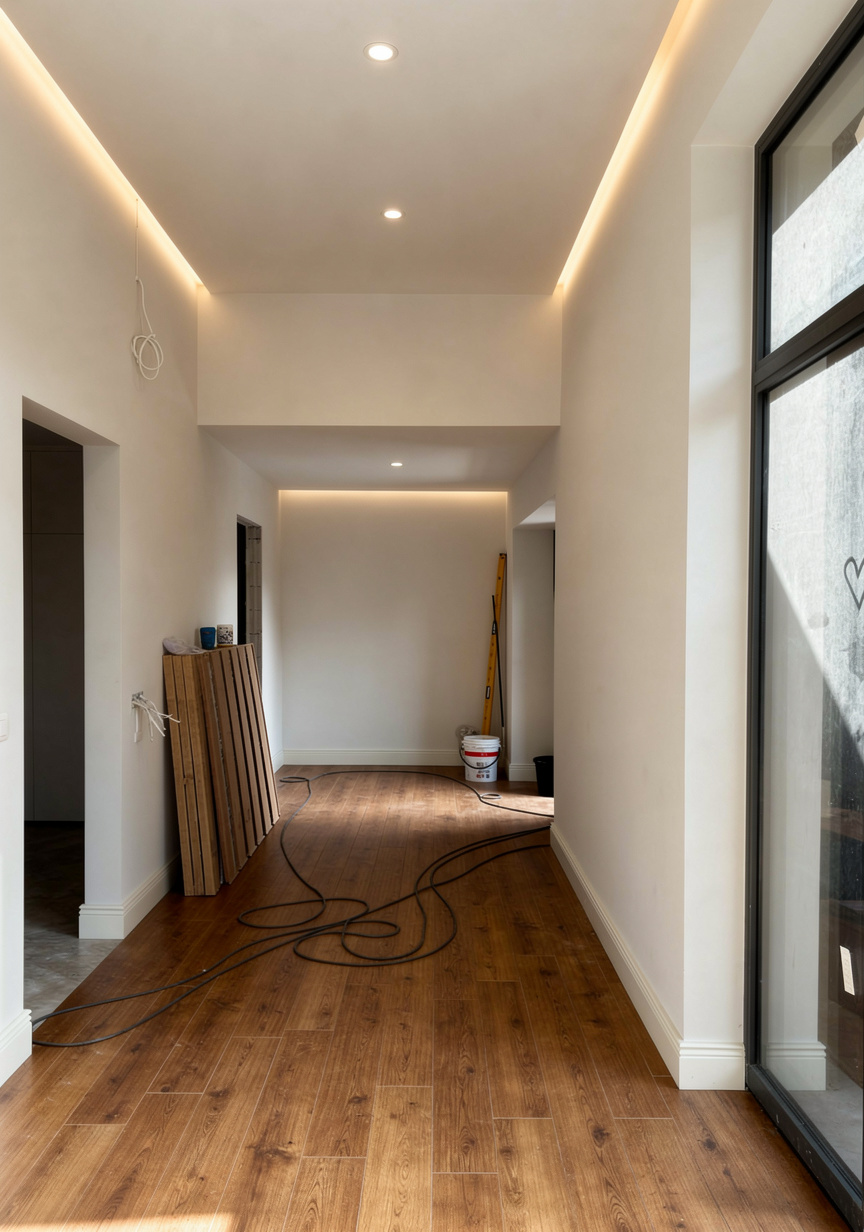 Minimalist modern entryway under renovation with warm wooden flooring, white walls, recessed ceiling lights, construction materials, and large glass window.