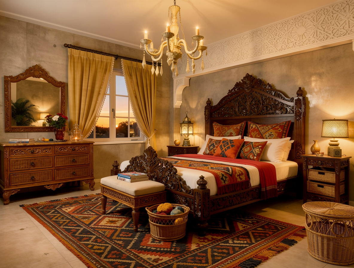 Traditional bedroom with intricately carved dark wood furniture, warm earthy tones, patterned textiles, woven baskets, golden curtains, and soft ambient lighting.
