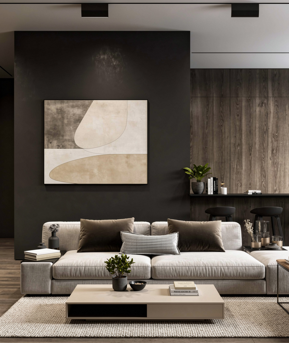 Modern living room with neutral beige sofa, dark brown accent pillows, abstract wall art on black feature wall, wooden paneling, and minimalist decor.