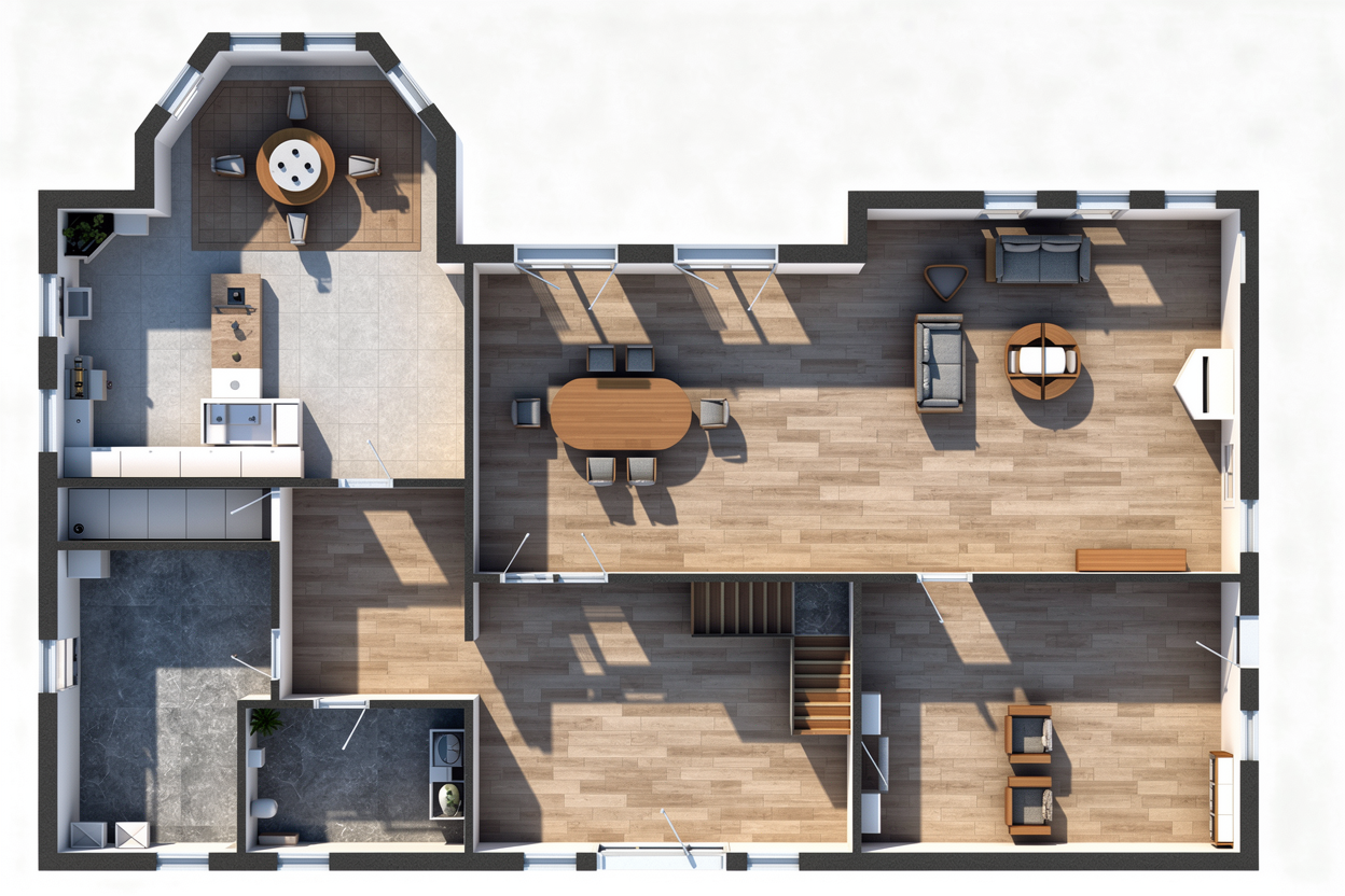 A 3D top-down floor plan of a home showing a modern layout with furnished living spaces. The design includes an eat-in kitchen with an island and breakfast nook, a dining area, formal living room with seating, additional family room, central staircase, bathroom, and utility spaces. Wood flooring, furniture placement, large windows, and natural light are visible throughout the rendered layout.