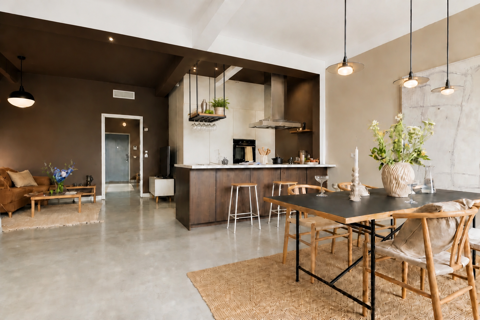 Open-plan dining and kitchen space with dark brown walls, wood furniture, and modern lighting.