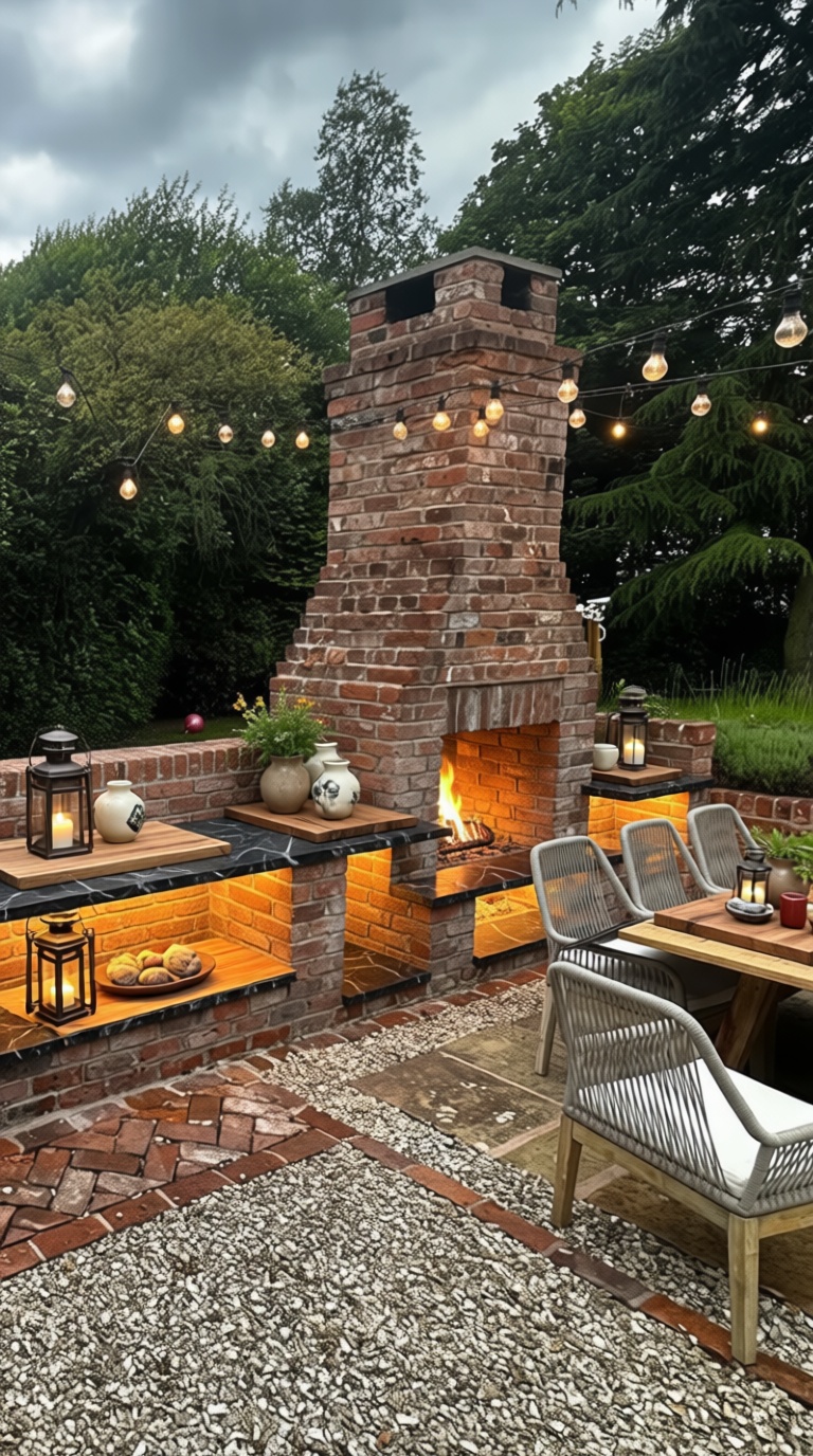 A Rustic Mediterranean outdoor patio with brick fireplace, string lights, cozy seating, wooden table, lanterns, and warm ambient lighting surrounded by lush greenery.