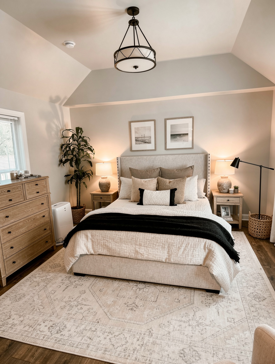 Modern bedroom with neutral beige tones, upholstered bed, layered pillows, wooden furniture, soft lighting, patterned rug, and minimalist black-and-white wall art.