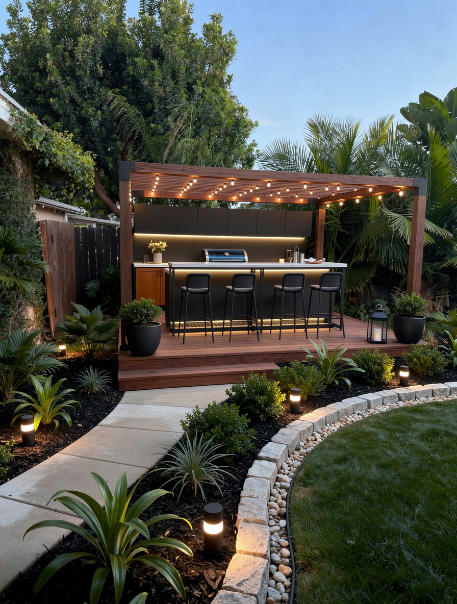 A modern outdoor kitchen with sleek black cabinetry, wooden pergola with string lights, bar stools, lush greenery, stone pathway, and warm ambient lighting creating a cozy atmosphere.