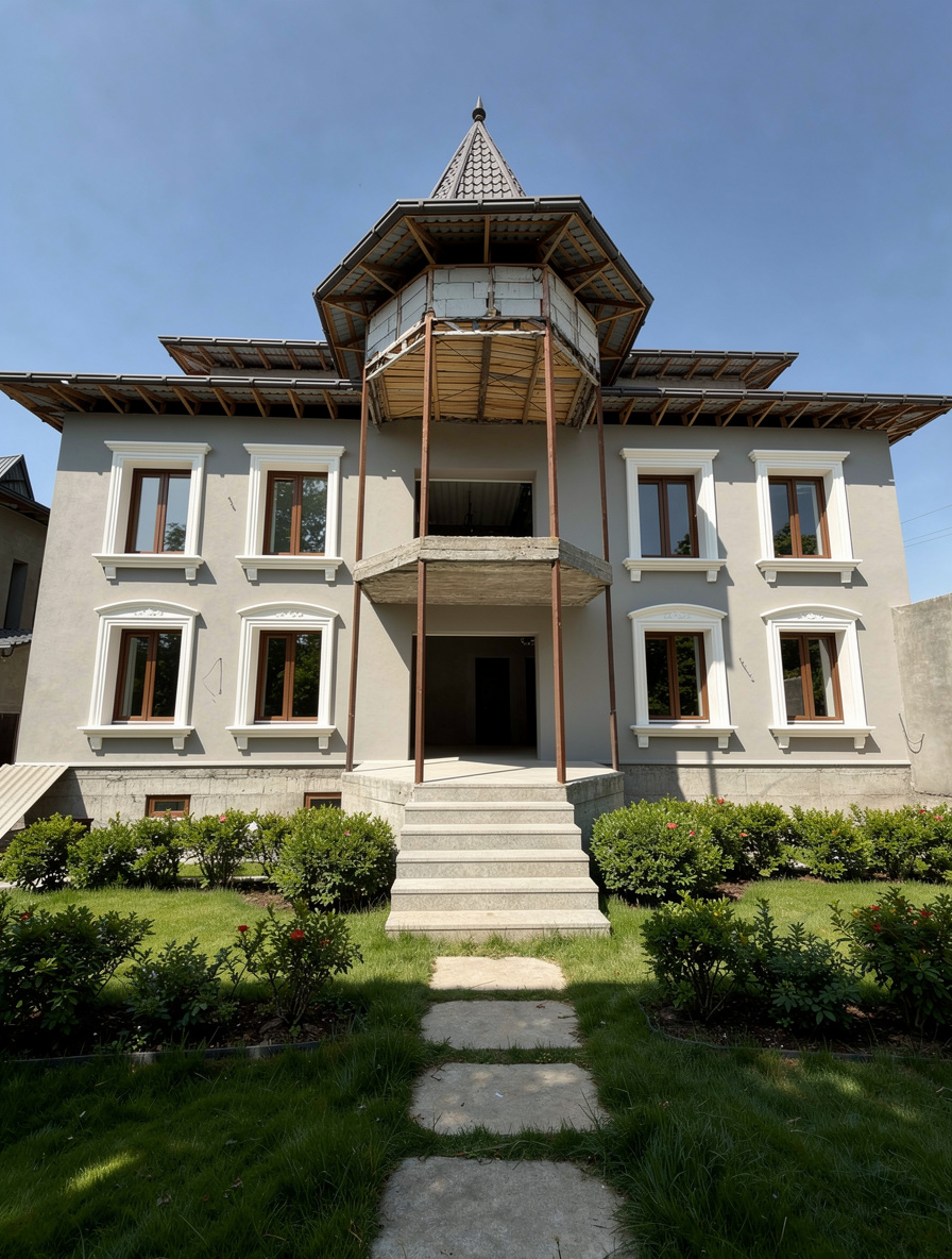 Two-story house exterior with unfinished balcony structure, gray fau00e7ade, front steps, and foundation landscaping