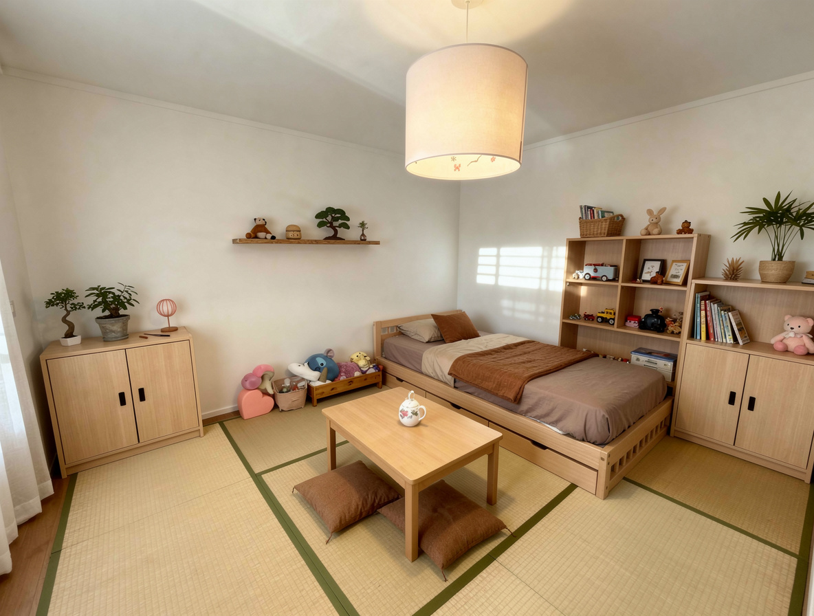 Kids bedroom with wood furniture, tatami-style flooring, open shelving, and neutral bedding