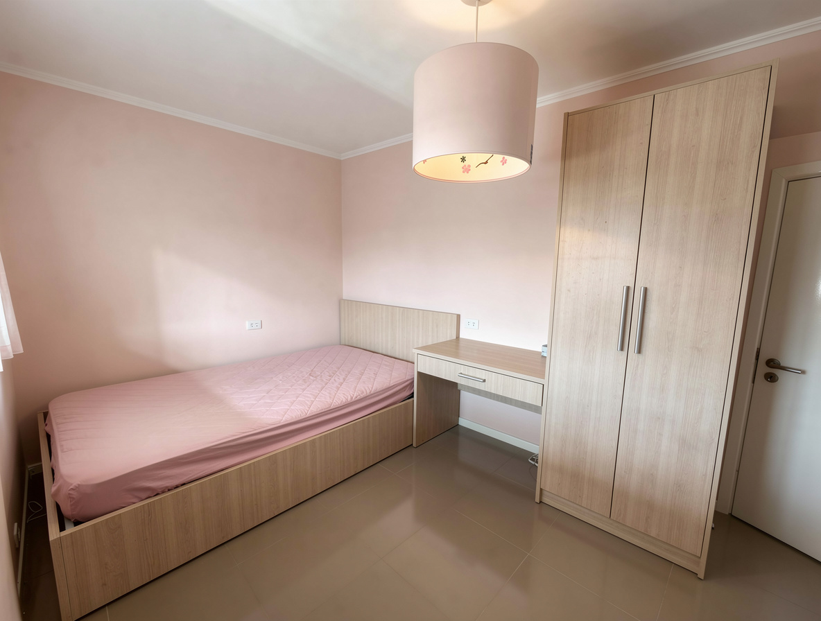 Bedroom with pink walls, wood bed, wardrobe, and compact study desk