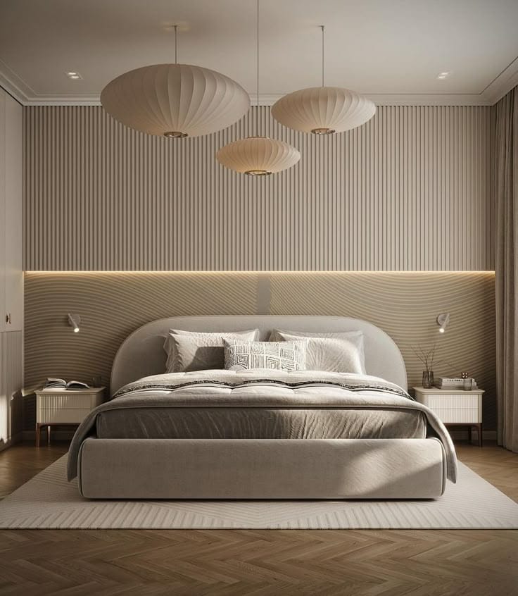 Modern bedroom with neutral beige tones, rounded upholstered bed, textured wall panels, soft lighting, minimalist nightstands, and three large pendant lamps.