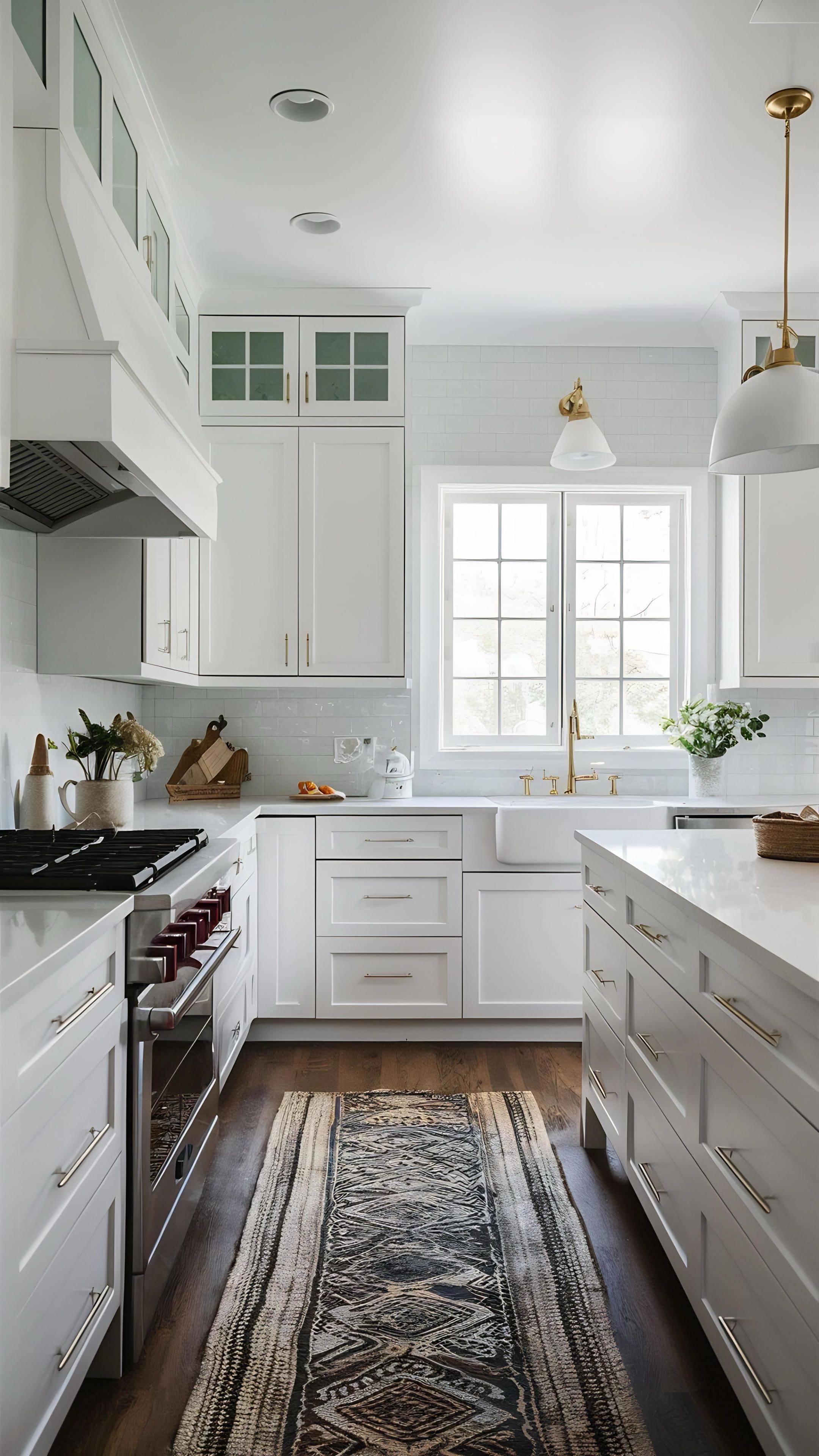 Bright traditional kitchen with white cabinetry, brass hardware, farmhouse sink, patterned runner rug, dark hardwood floors, and natural light from a window.