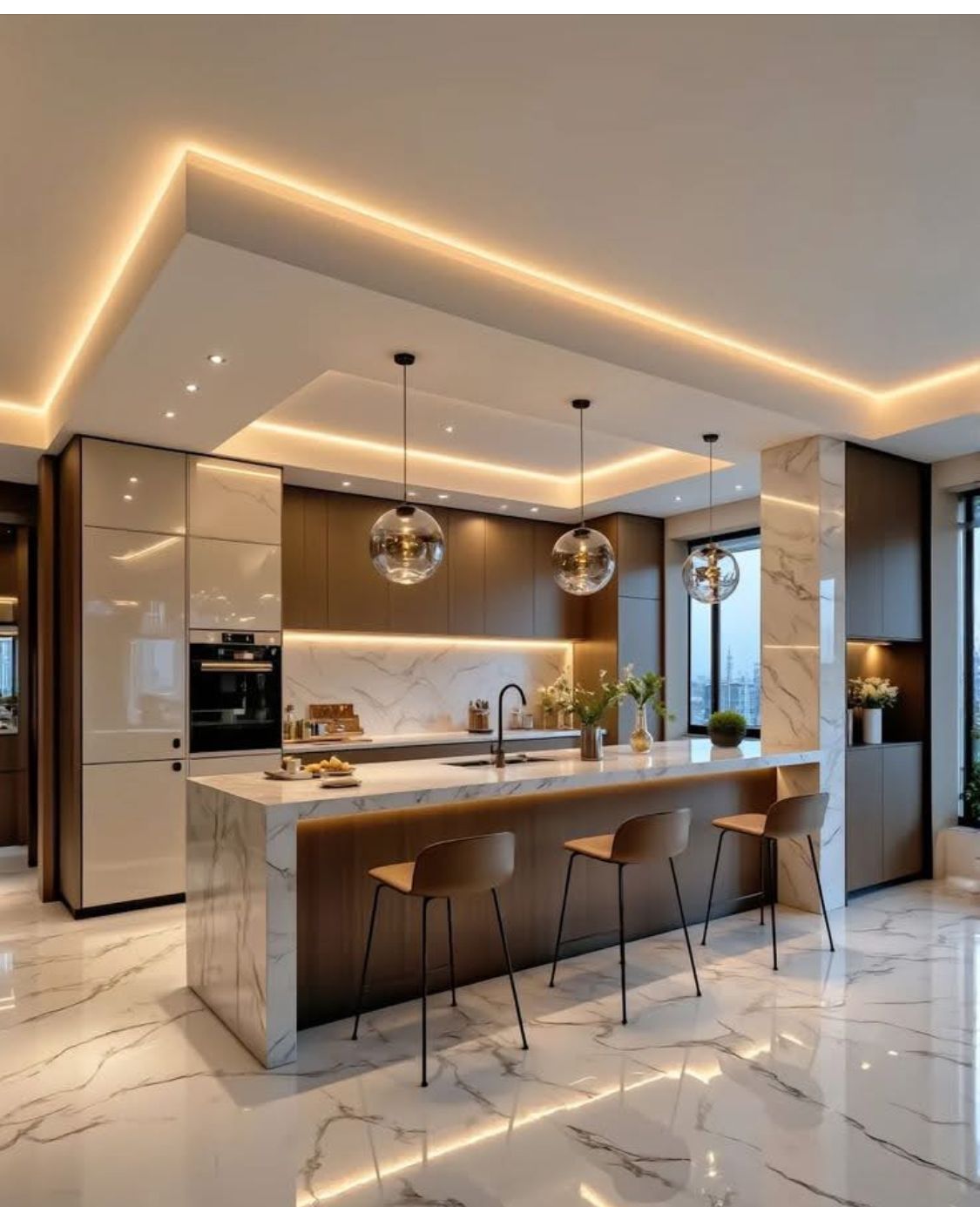 A modern kitchen with sleek marble flooring and island, dark cabinetry, warm recessed ceiling lighting, three pendant lights, and minimalist bar stools, bright atmosphere.