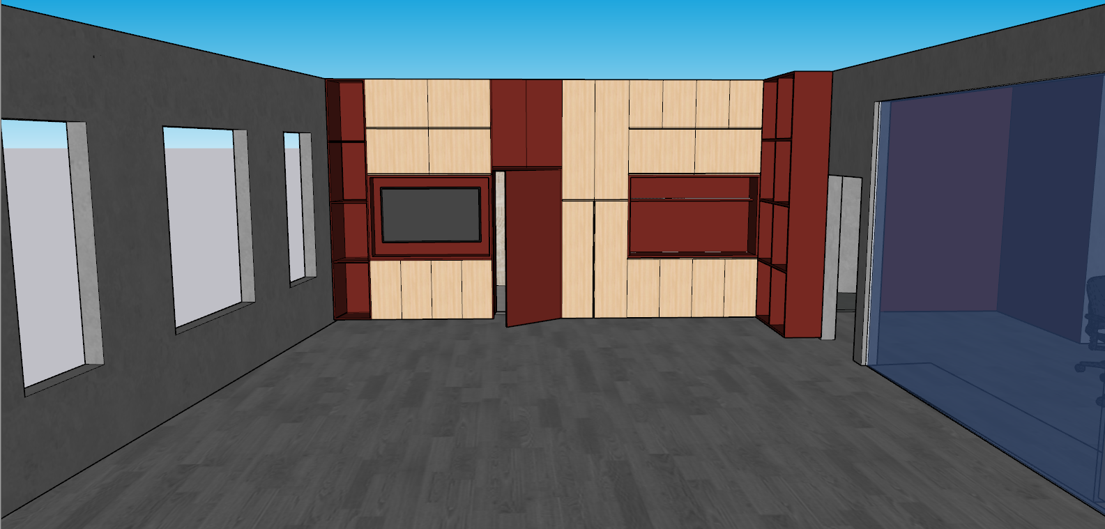A living room sketch with modern minimalist design, featuring dark gray walls, wood and maroon built-in cabinets, large windows, and a spacious, open atmosphere.