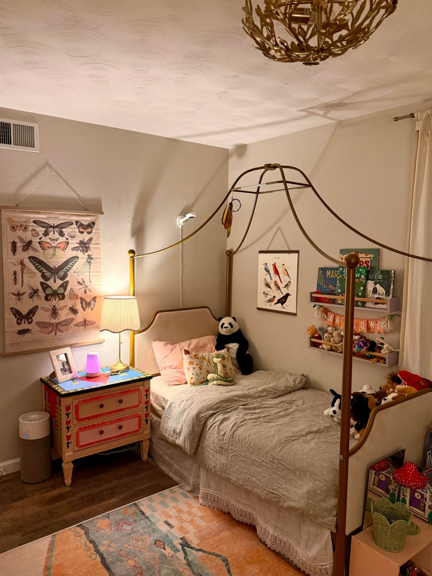 Kids bedroom with canopy bed, butterfly wall art, stuffed animals, and warm bedside lighting beside gray walls