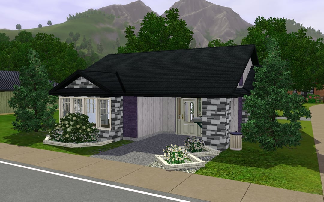Low-detail 3D house render with dark roof and basic landscaping