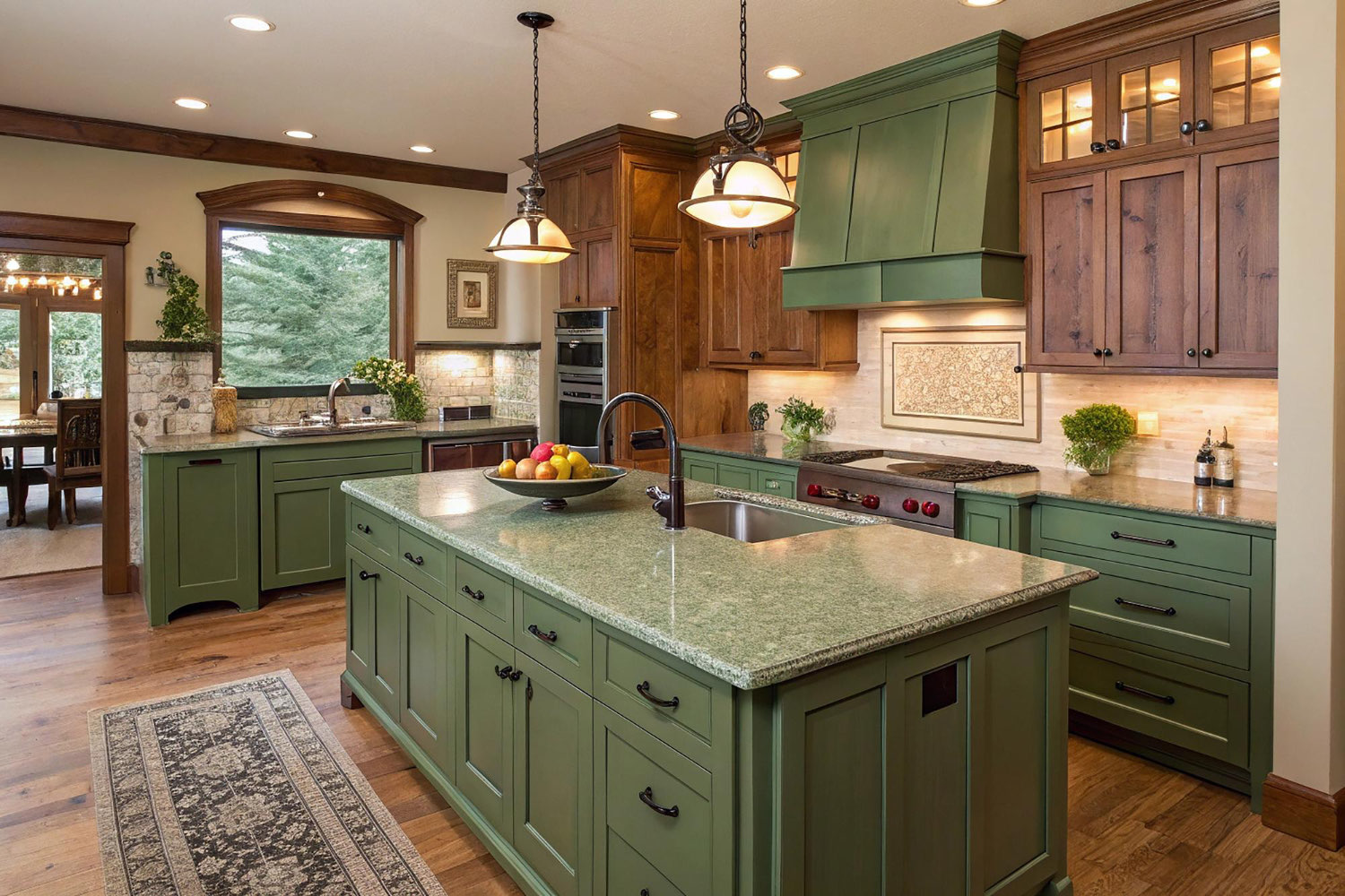 Spacious traditional kitchen with green cabinetry, granite countertops, wooden upper cabinets, hardwood floors, pendant lighting.