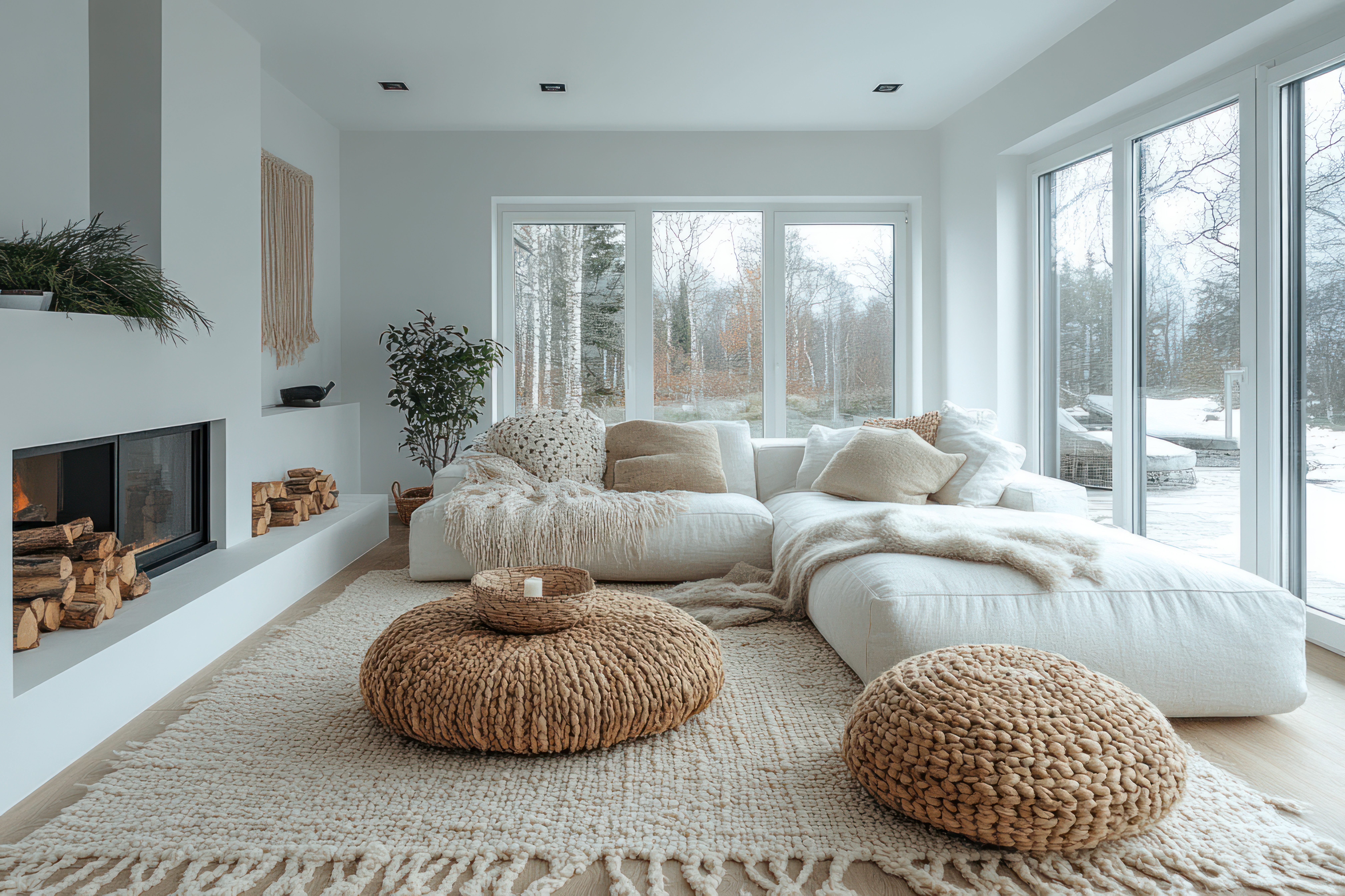 Scandinavian living room with minimalist Scandinavian design, featuring a large white sectional sofa, textured beige cushions, woven poufs, fireplace, and large windows overlooking snowy landscape.