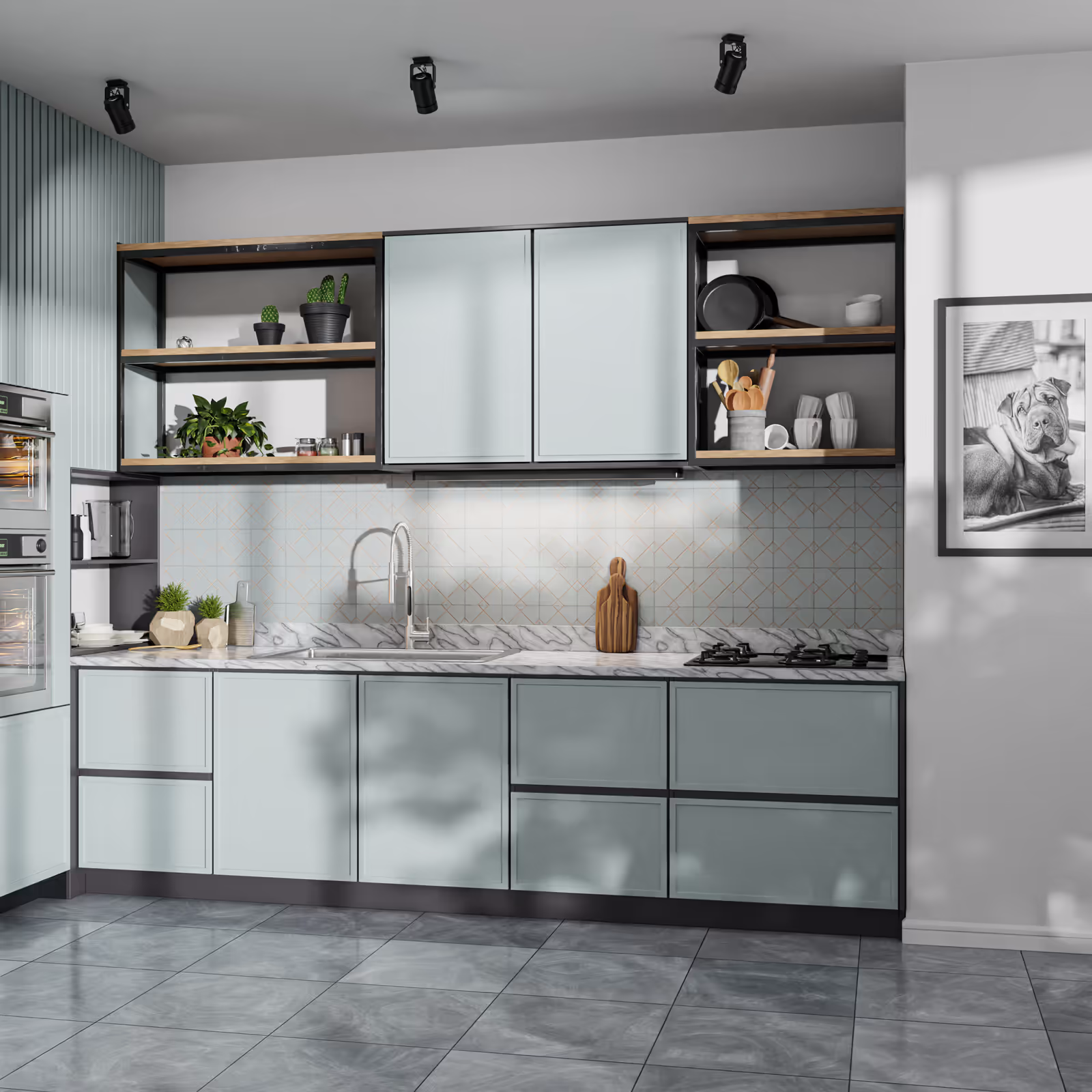 Open kitchen with minimalist design, light blue cabinets, open wooden shelves with plants and utensils, marble countertop, gray tiled floor, and soft natural lighting.