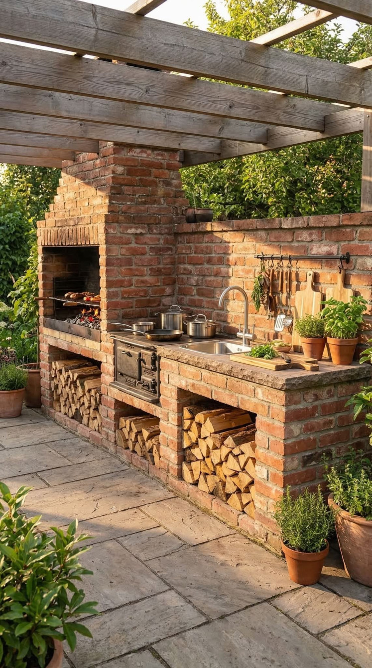 Outdoor rustic kitchen with exposed red brick, wood-fired grill, stacked firewood, stainless steel sink, hanging utensils, potted herbs, and natural stone flooring.