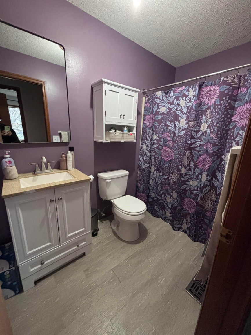 Small bathroom with purple walls, white vanity, toilet, floral shower curtain, and wall cabinet