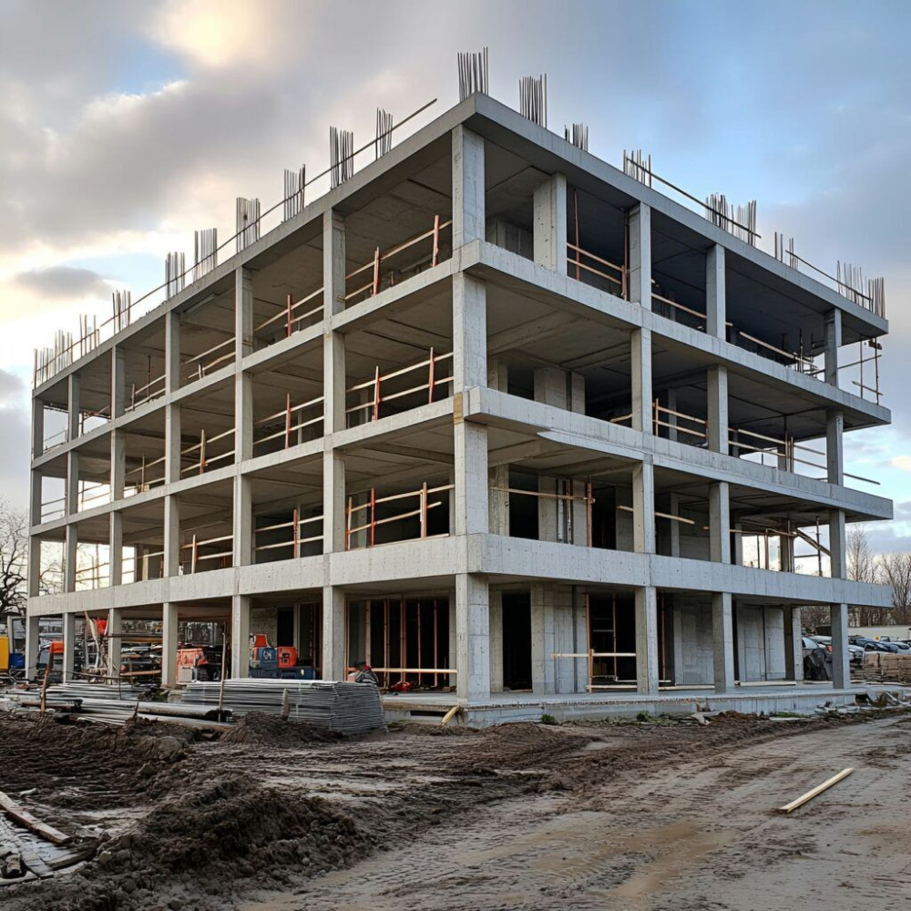 A concrete frame of a multi-story building under construction, featuring exposed columns and beams, unfinished floors, and construction materials scattered around, with a cloudy sky backdrop.