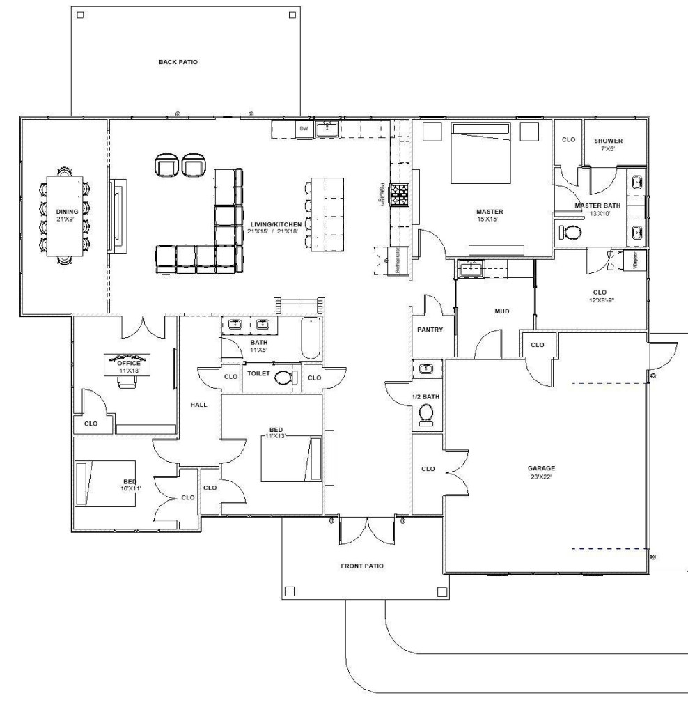 Black and white architectural floor plan with labeled rooms and technical layout details.