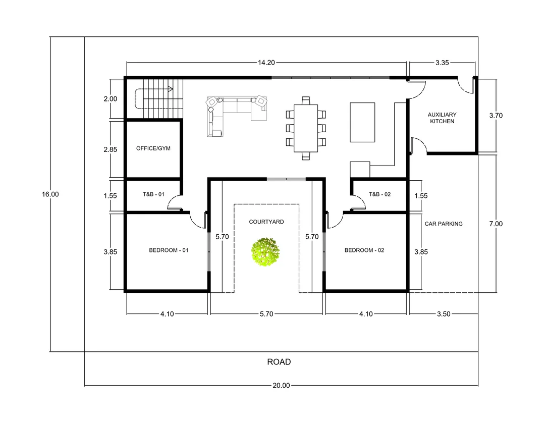 Architectural floor plan of a modern living room with adjacent dining area, two bedrooms, office/gym, auxiliary kitchen, central courtyard, and car parking space.