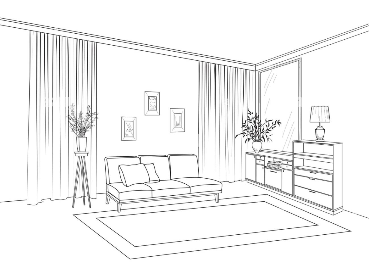 Minimalist living room sketch featuring a modern sofa, large window with curtains, framed wall art, plants, and a sideboard with a lamp, calm atmosphere.